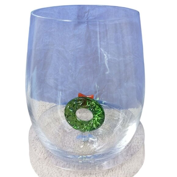 Stemless Wine Glass Christmas With Festive Green Wreath & Red Bow Design In Gift - Picture 5 of 14
